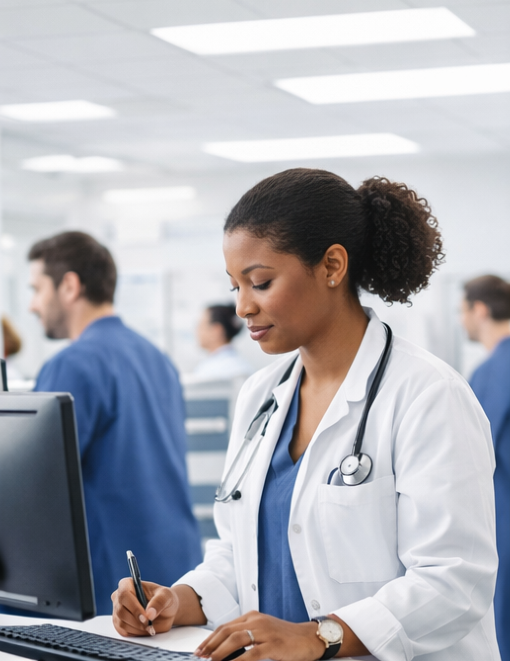 Doctor writing notes at workstation