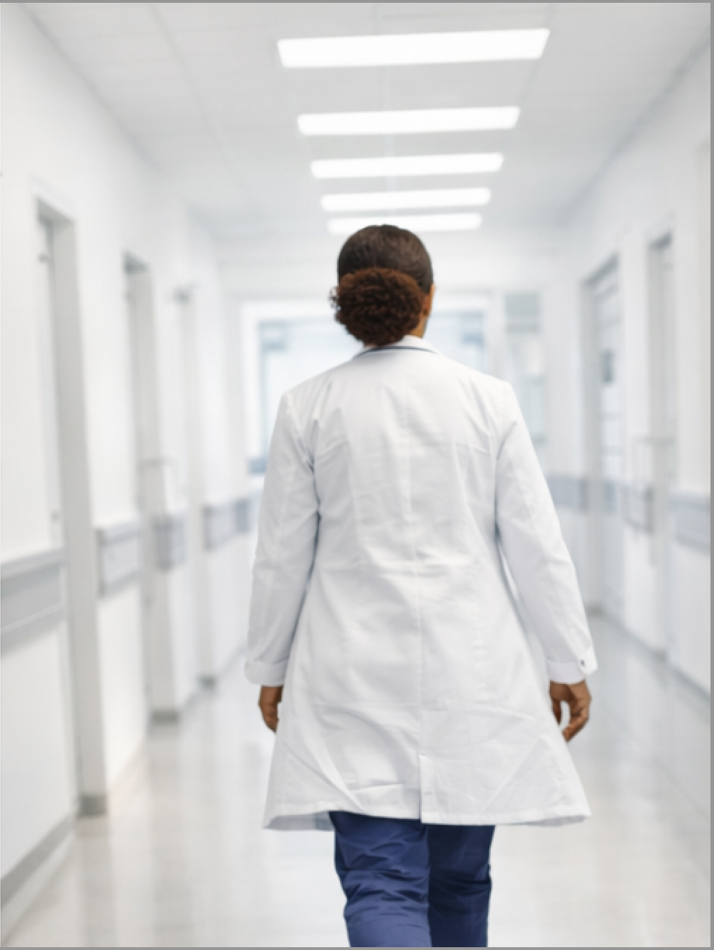 Doctor walking through hospital corridor