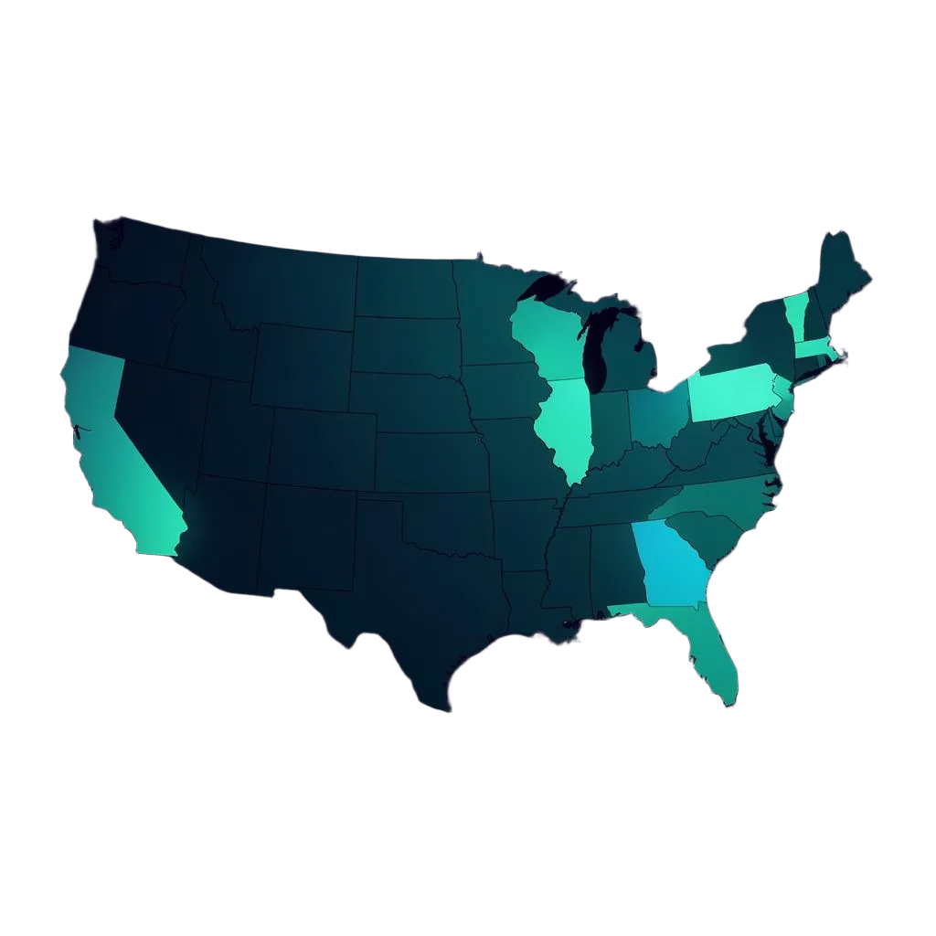 Map of the United States highlighting compliant states